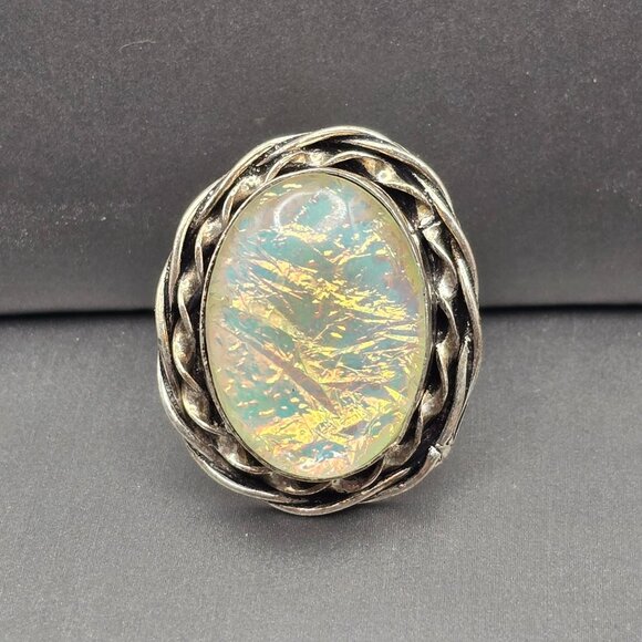 Handmade Jewelry - 925 Sterling Silver Plt Dichroic Glass Ring Size 8 White Iridescent Bezel Set